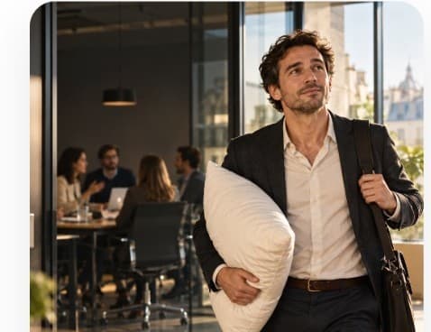 Salarié quittant le bureau avec un oreiller, vers une chambre près du travail